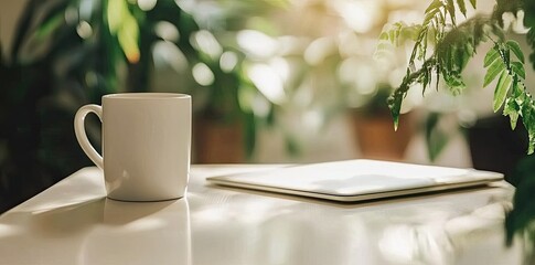 Poster - Minimalist white office desk with laptop and coffee mug on a blurred background, with space for text, representing the concept of working from home