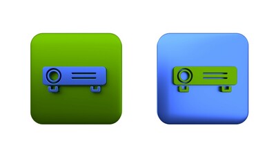 Poster - Colorful Presentation, movie, film, media projector icon isolated on white background. Square button. 3D render illustration