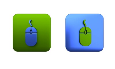 Poster - Colorful Computer mouse icon isolated on white background. Optical with wheel symbol. Square button. 3D render illustration