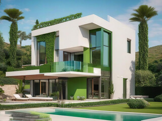 Modern luxury villa exterior in minimal scandinavian style, green colors