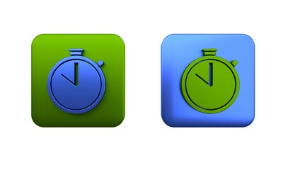 Poster - Colorful Stopwatch icon isolated on white background. Time timer sign. Chronometer sign. Square button. 3D render illustration