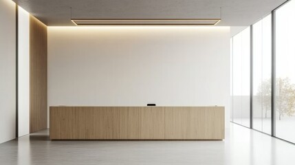 Wall Mural - Light wood reception desk in office waiting room, minimalist design, LED lighting above, clear windows, bright and open interiorf0982ca5f315