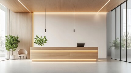 Wall Mural - Light wood reception desk in office waiting room, minimalist design, LED lighting above, clear windows, bright and open interiorf0982ca5f315