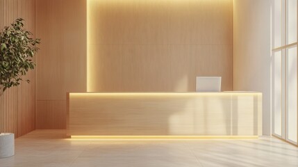 Wall Mural - Minimalist waiting room with light wood front desk, light-colored walls, LED lighting, clear windows, simple modern style