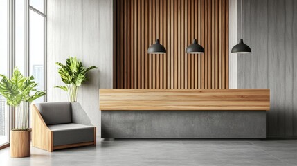 Wall Mural - Modern hotel reception area with gray furniture, white and wooden walls, concrete floor, plant pot, and wood decor, bright clear windows