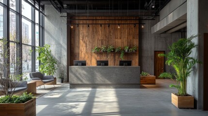 Wall Mural - Modern hotel reception, minimalist gray furniture, wooden wall decor, plant pots, concrete floor, large clear windows