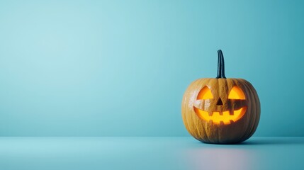 An unlit Halloween Jack O Lantern isolated on a widescreen pale blue background