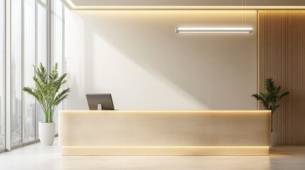 Wall Mural - Office front desk made of light wood, LED lights overhead, light-colored walls, minimalist aesthetic, large clear windows