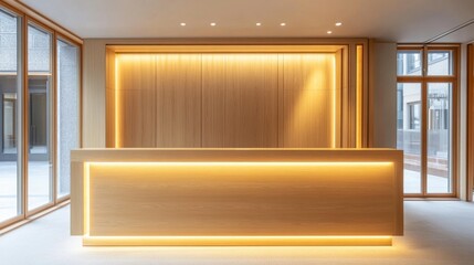 Wall Mural - Office front desk with light wood finish, LED lights, light walls, clear windows, modern minimalist design