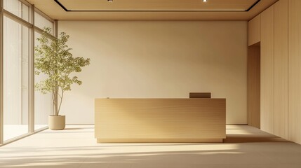 Wall Mural - Office front desk made of light wood, LED lights overhead, light-colored walls, minimalist aesthetic, large clear windows