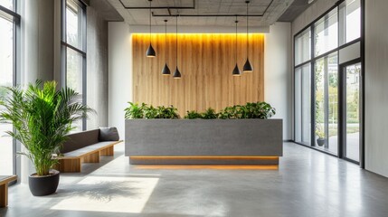 Wall Mural - Reception area of a modern hotel, gray and wood decor, white walls, concrete flooring, clear windows, plant pots bringing a natural feel cafd8b5296d0