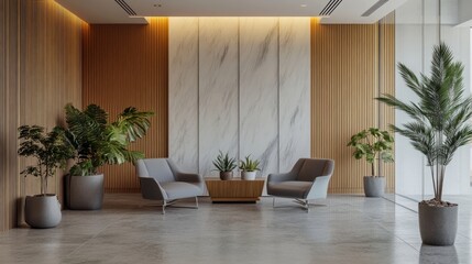 Wall Mural - Stylish waiting room in hotel reception, white and wood walls, gray modern chairs, concrete floor, plant pot, clear windows