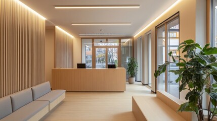 Wall Mural - Waiting area with light wood reception desk, LED ceiling lights, light-colored walls, minimalist style, clear windows