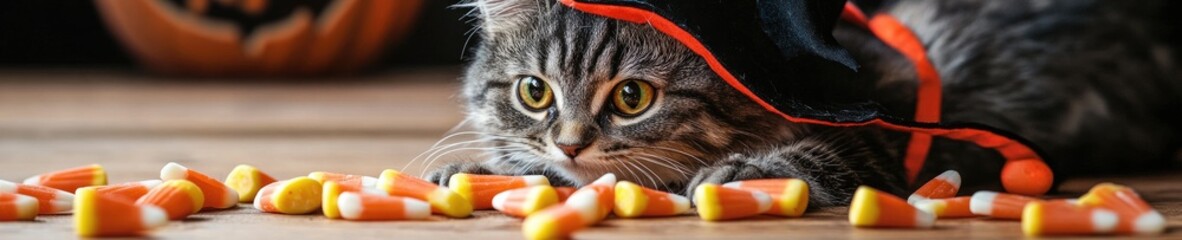 Cat in Witch Costume Playing with Candy