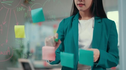 Aufkleber - Businesswoman in a teal blazer writes on sticky notes while organizing thoughts on a glass wall, showcasing a dynamic approach to planning and brainstorming in a modern office setting