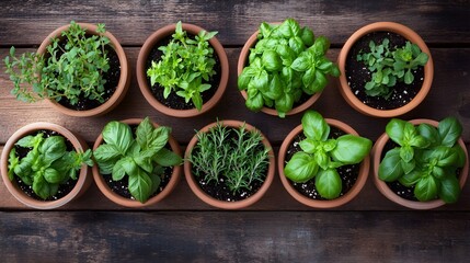 A collection of pots featuring fresh basil, mint, and rosemary in an organic herb garden, arranged neatly on a wooden surface, radiating vibrant green hues. 