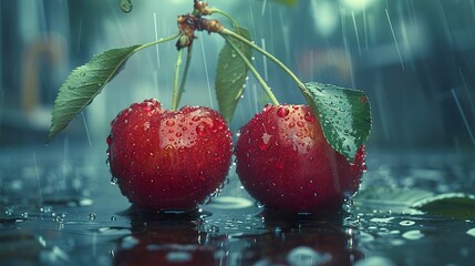 Poster - Two Cherries in the Rain - A Close-Up Photography