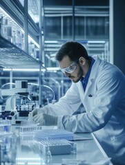 Poster - A scientist carefully manages test tubes and samples while wearing a lab coat, gloves, and protective glasses in a well-equipped lab. Generative AI