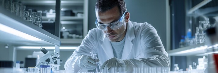 Poster - A scientist wearing a lab coat and protective glasses is meticulously handling test tubes and samples in a laboratory setting. Generative AI