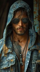 Wall Mural - Intense Portrait of a Man in Denim and Sunglasses