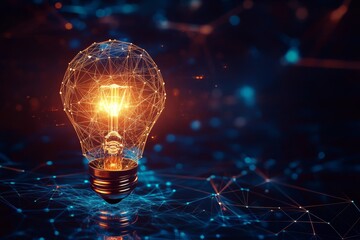 Innovative polygon light bulb concept on blockchain network background representing global cryptocurrency business