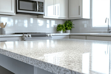 Beautiful empty counter within a clean and bright kitchen background..