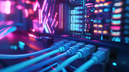 Poster - closeup of an internet cable being connected the end port on one side and a network switch with blue