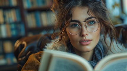 Sticker - Young Woman Reading Book in Library