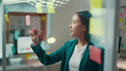 Aufkleber - Businesswoman in a green blazer draws a flowchart on a glass wall, actively engaging in a brainstorming session in a modern office environment. Creativity and strategy come together
