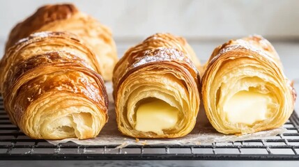 Freshly Baked French Croissants on Cooling Rack