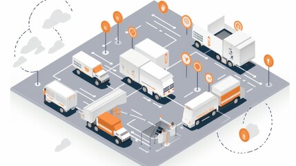 A detailed illustration of a bustling delivery hub with various vehicles, highlighting the complexity and efficiency of modern logistics operations.