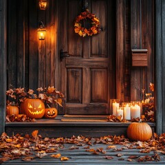 Background with halloween pumpkins, candles and autumn leaves on the wooden house porch with background