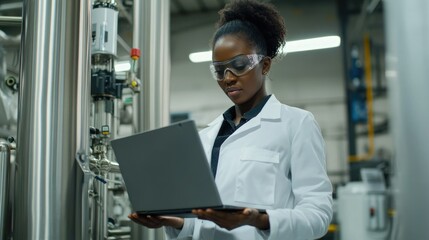 Fototapete - Female Engineer Using Laptop in Industrial Setting