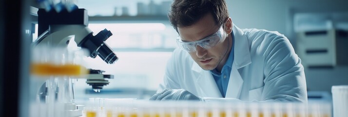Aufkleber - A scientist wearing a lab coat and protective goggles meticulously manages test tubes and samples in a laboratory setting. Generative AI