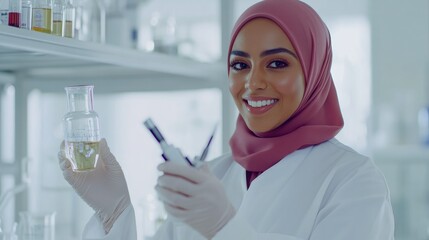 Poster - Smiling Arab Female Scientist in Laboratory Setting