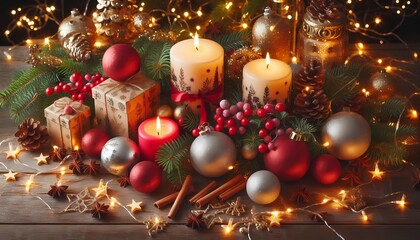 christmas decoration with candles,  lights, chrisms balls put in a set, created whit A.I generatiive..  