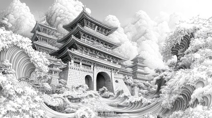 Poster - Intricate monochrome architecture amidst swirling clouds and trees.