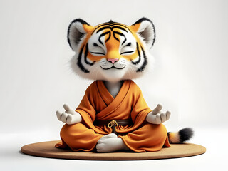 Meditating cartoon tiger in an orange robe sits peacefully on a mat, embodying tranquility and mindfulness in a serene space