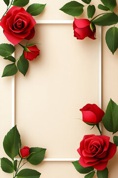3d red roses and green leaves on white paper frame, paper cut style design, clipart design