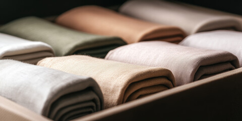 folded fabric in warm earth tones arranged neatly in a drawer showcasing textile variety and home de