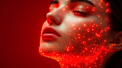 Poster - Woman's face adorned with vibrant red digital nodes, symbolizing a futuristic connection and advanced technology.