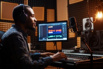 Leinwandbilder - A skilled podcaster is actively recording in a soundproof studio, using audio equipment while speaking into a microphone. Generative AI