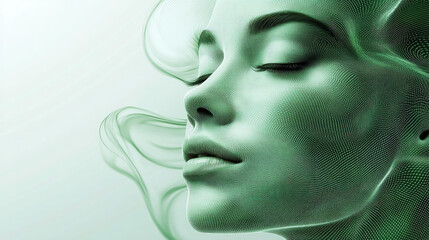 Poster - A calm, tranquil face merges with swirling green digital patterns, representing harmony between humanity and technology.