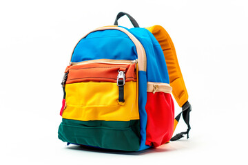 a colorful backpack with multiple pockets isolated on white background. concept of travel and school