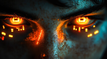 Poster - Close-up digital artwork featuring intense eyes glowing with fiery light and intricate patterns, illustrating power and mystery.