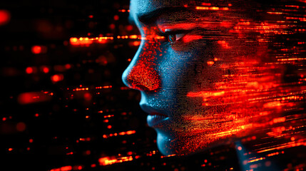 Poster - Digital artwork showing a face made of blue and red light streaks, embodying the fusion of human emotion and digital presence.