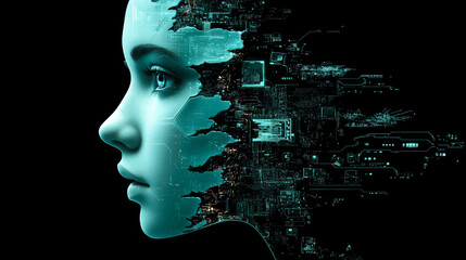 Poster - An abstract representation of technology and humanity merging through circuitry and digital elements on a human face.