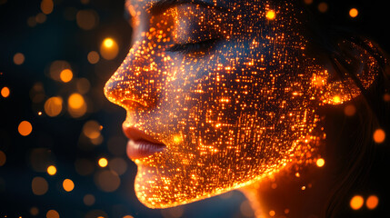 Poster - A mesmerizing image showcasing a woman's serene face illuminated by golden lights, symbolizing warmth and introspection.