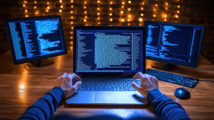 Poster - Computer Programmer Working in Dark Room with Code