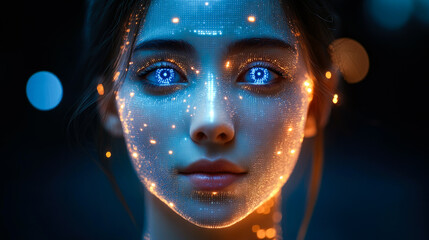 Poster - A human face depicted with blue digital lines and glowing eyes, representing artificial intelligence and future tech aesthetics.